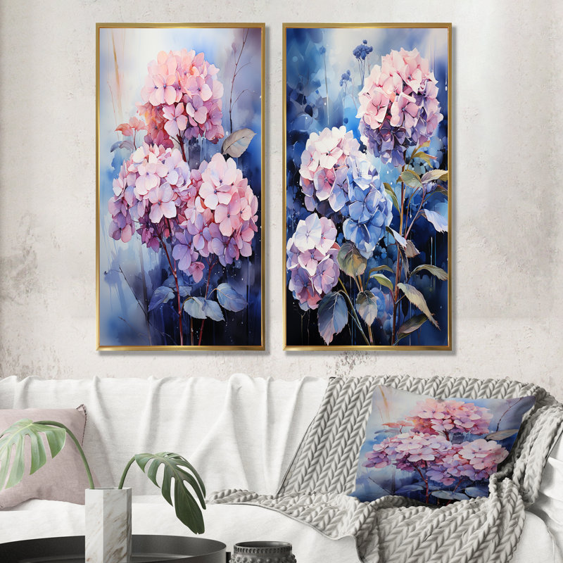 Hydrangées bleues au clair de lune - ensemble de 2 reproductions d'art sur toile, Encadrement doré, H 32 po x l 33 po