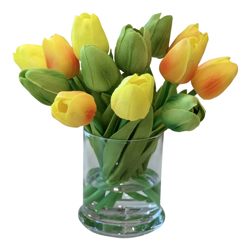 Arrangement floral tulipe véritable dans un vase en verre, Vert/jaune