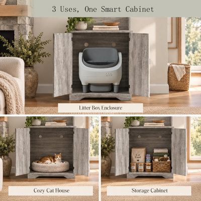71" Cat Litter Box Enclosure with Charging Station, Hidden Cat Litter Box Cabinet with Power Outlet, USB & Type-C Ports, Storage Shelves, Large Indoor Cat Furniture, Rustic Gray