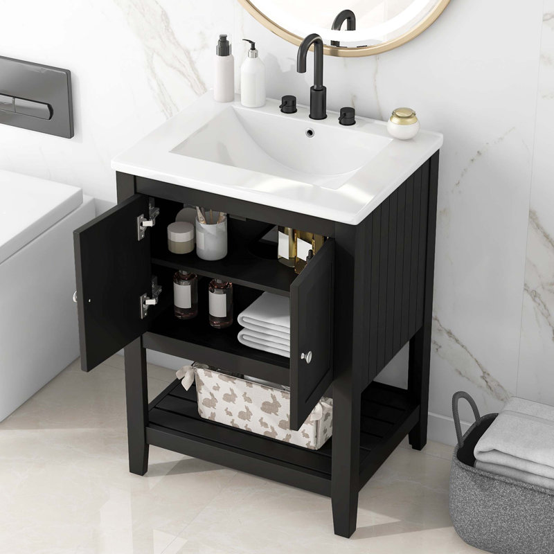 Lavabo de salle de bain moderne élégant en céramique 24 po avec tablette ouverte en bois massif, Noir