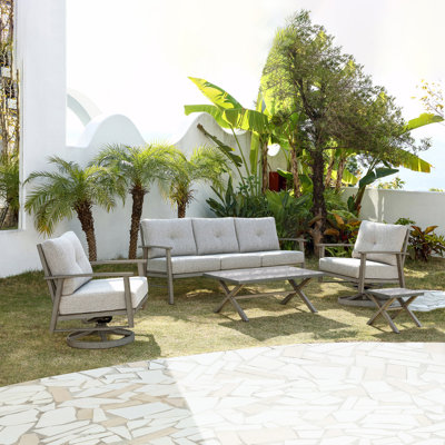 Seehill Outdoor Patio Furniture Set, 5 Pieces Aluminum Swivel Chairs Outdoor Patio Conversation Set With Upgrade Cushion, All Weather Sectional Couch Sofa Sets For Porch, Balcony, Lawn, Limed Oak