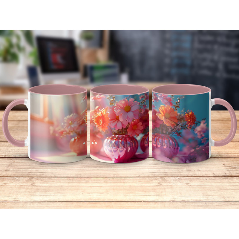 Set of 2 3D Design 11oz Accent Mugs – Ceramic Coffee Cups with a Pink Handle and Interior