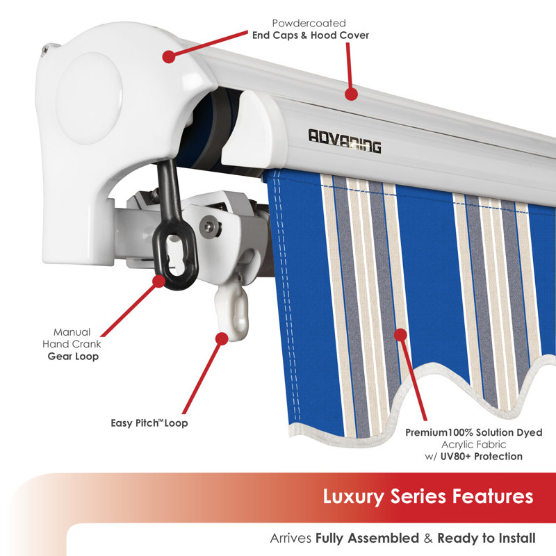 Advaning 8'x6' Manual Patio Retractable Awning, 10.5' H x 8.2' W x 6.5' D, Ocean Blue/Sand Beige Stripes