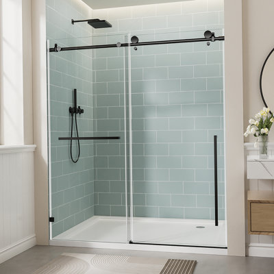 Porte de douche coulissante simple sans cadre, porte en verre trempé avec film antidéflagrant et poignée en acier inoxydable