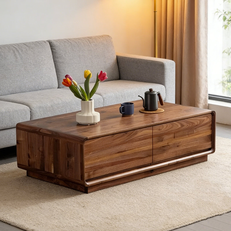 Table basse moderne et minimaliste en bois massif avec rangement, H 13,8 po x L 43,3 po x l 21,7 po