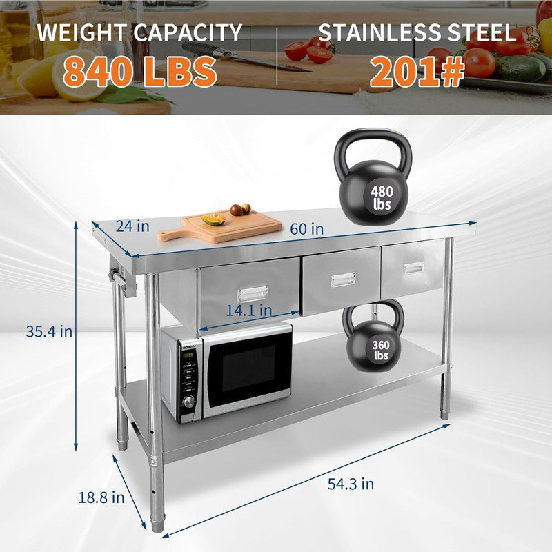 Table en acier inoxydable avec tiroirs, tables de travail commerciales avec tablette réglable et 3 tiroirs, table de préparation de cuisine en métal avec porte-serviettes en papier