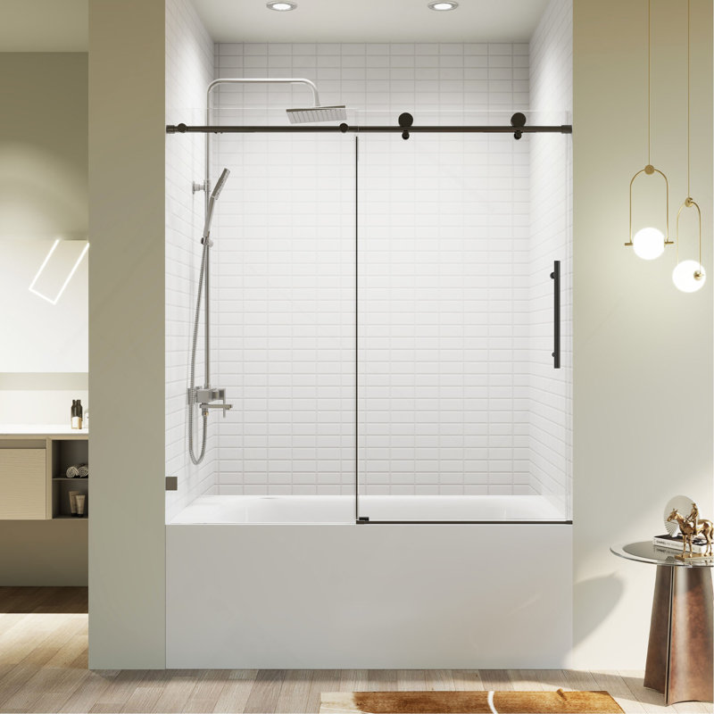 Portes de douche coulissantes simples sans cadre à fermeture en douceur de l 56 à 60 po x H 60 po, porte de douche coulissante pour salle de bain, porte en verre trempé épais de 5/16 po (8 mm)