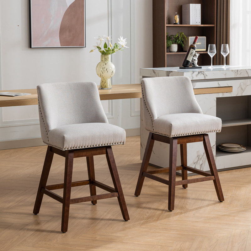 Ensemble de 2 tabourets de bar pivotants à hauteur de comptoir avec clous, Beige