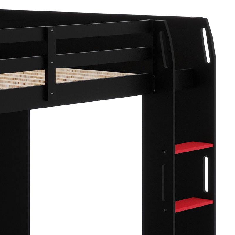 Lit superposé de jeu avec bureau, tablettes de rangement, ports USB et lumières DEL, Black+Red