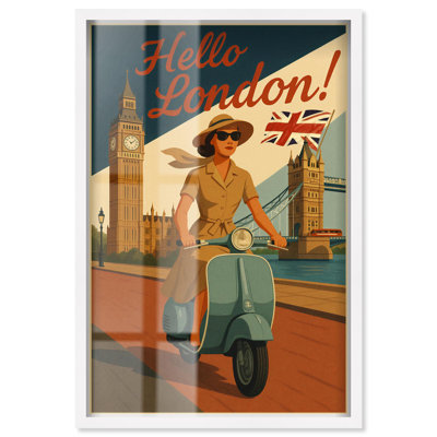 Scooter anglais, voyage, boîte à ombre, affiche, art de voyage par Art Remedy