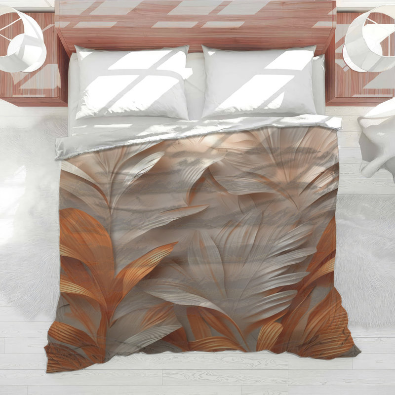 Textured Leaf Pattern Comforter, Twin Extra Long, Medium Beige Dark Orange