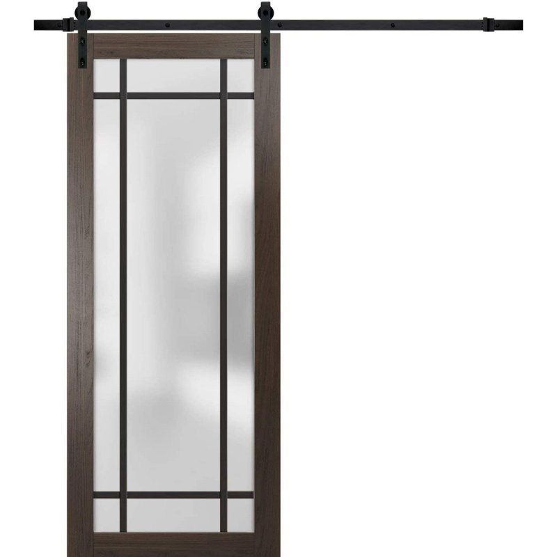 Porte de grange robuste en verre trempé dépoli Planum 2112, couleur frêne chocolat, rail noir de 2 m (6,6 pi), quincaillerie robuste, portes intérieures modernes à panneaux pleins - 45,7 cm x 243,8 cm (18 po x 96 po) - Rail noir