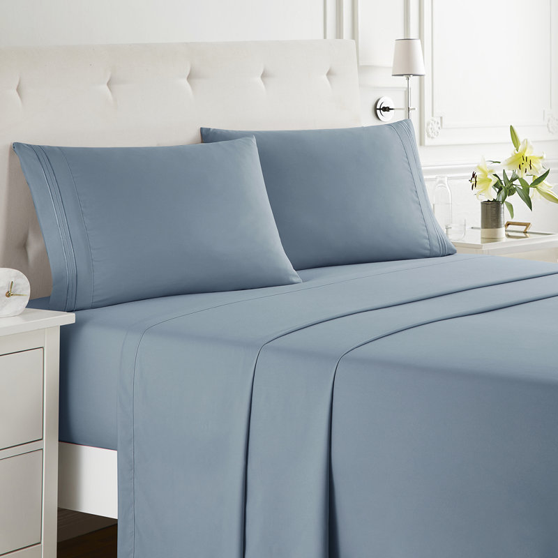  Ensemble de draps double brossé de luxe pour hôtel avec draps et taies d'oreiller très doux, Bleu pierre, Grand