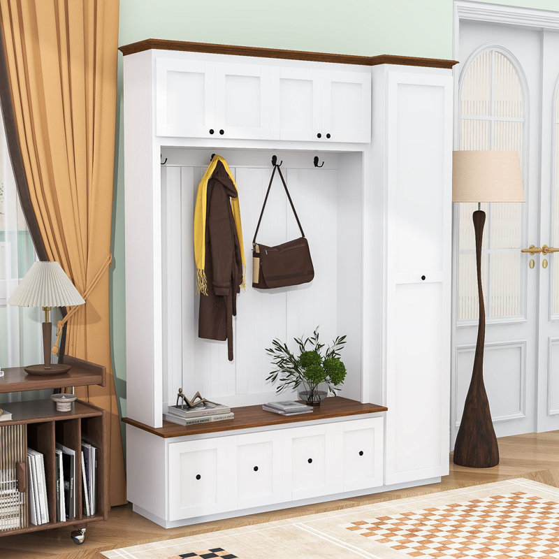 Hall Tree with Storage Bench, Cabinets, Drawers and Hooks, White