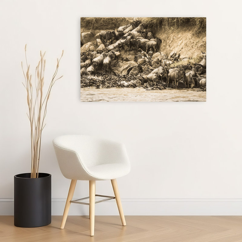 Wildebeest River Crossing Abstract Contemporary Animal Nature Wall Art Print, 60.96cm H x 91.44cm W