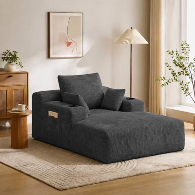71.65'' Corduroy Chaise Lounge Sofa with Cup Holders & Storage Pocket, No Assembly, Oversized Deep Seat with Pillows, Black