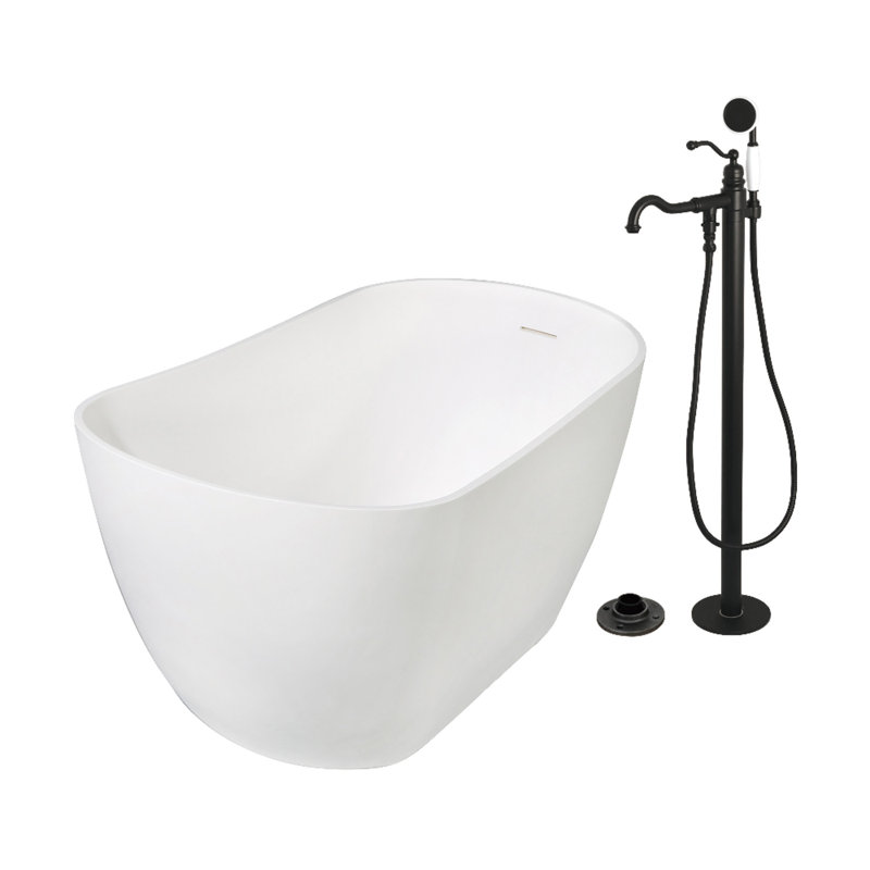 Kingston Arcticstone 51-Inch Solid Surface Oval Single Slipper Freestanding Tub With Faucet Combo And Drain, Matte Black