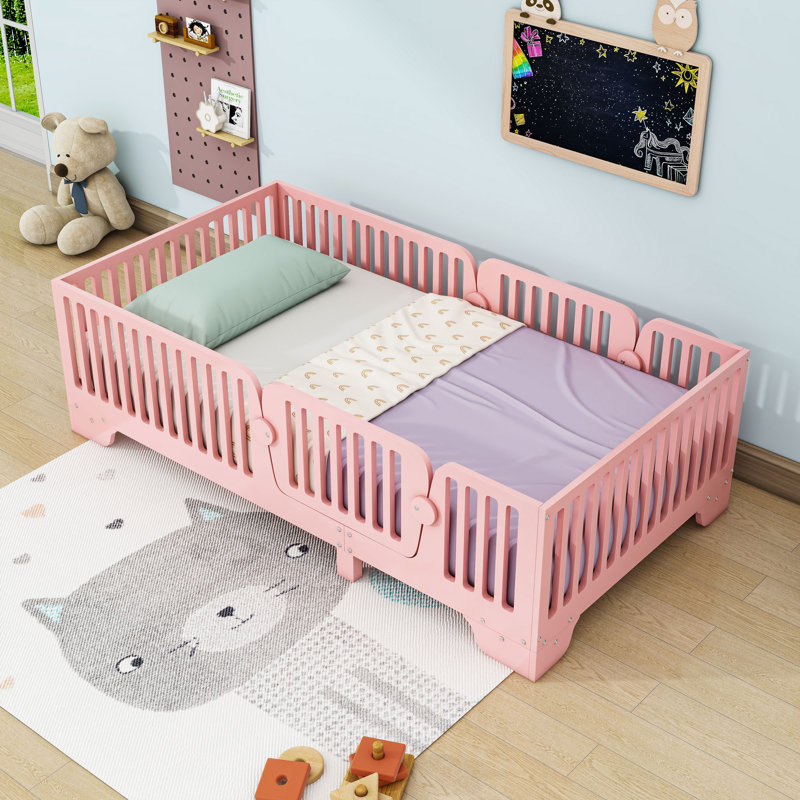 Wood Floor Bed With Fence And Doors, Twin, Pink