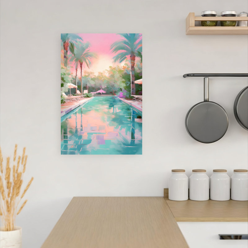Tableau d'art mural représentant une piscine de villégiature de rêve, un coucher de soleil d'été serein et paisible sous un palmier