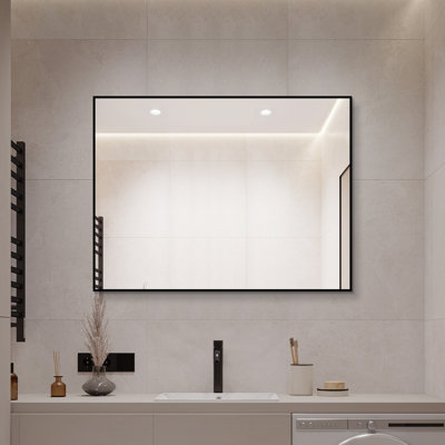 Miroir de salle de bain 24 po x 32 po en aluminium noir, miroir mural argenté sans cuivre HD, miroir de meuble-lavabo pour salle de bain, vestibule et vestiaire, suspension horizontale et verticale