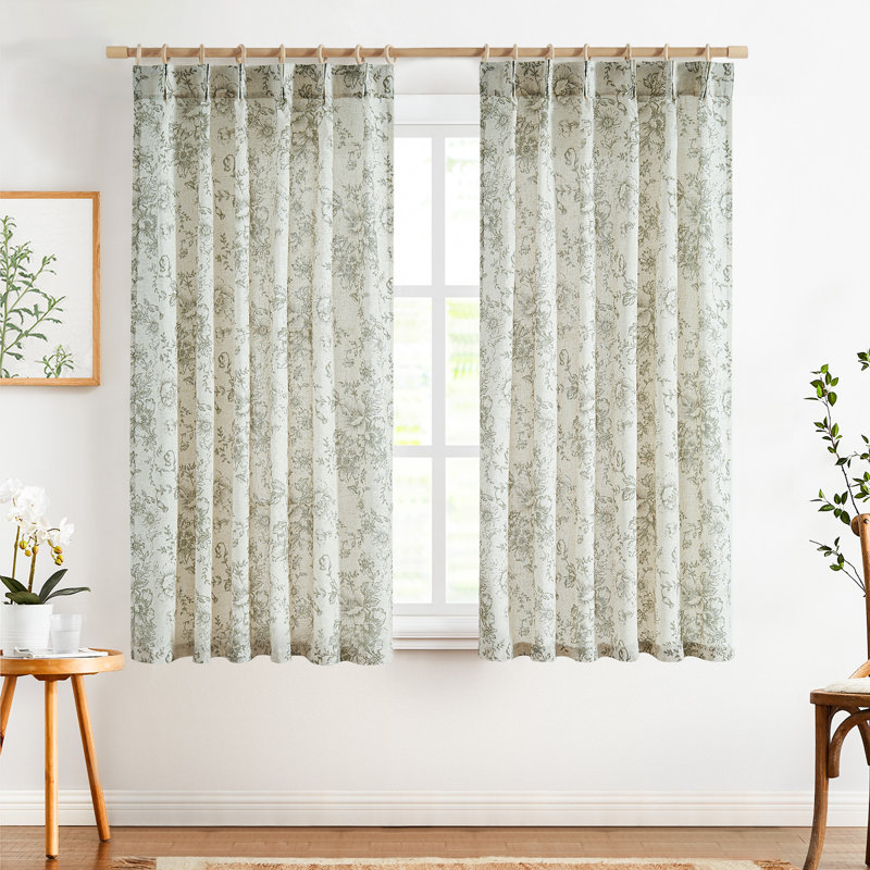 Linen Blend Pinch Floral Curtains with Hooks Curtain Pair, 40" W x 63" L, Pleated Green