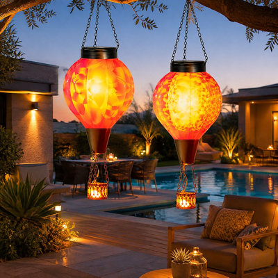 2-Piece Pink-Glass Hot Air Balloon Solar Lantern Set with Flame Effect | Waterproof Hanging Outdoor Lights for Garden, Yard, Patio, Tree & Porch; Gift for Women, Couples & Mom