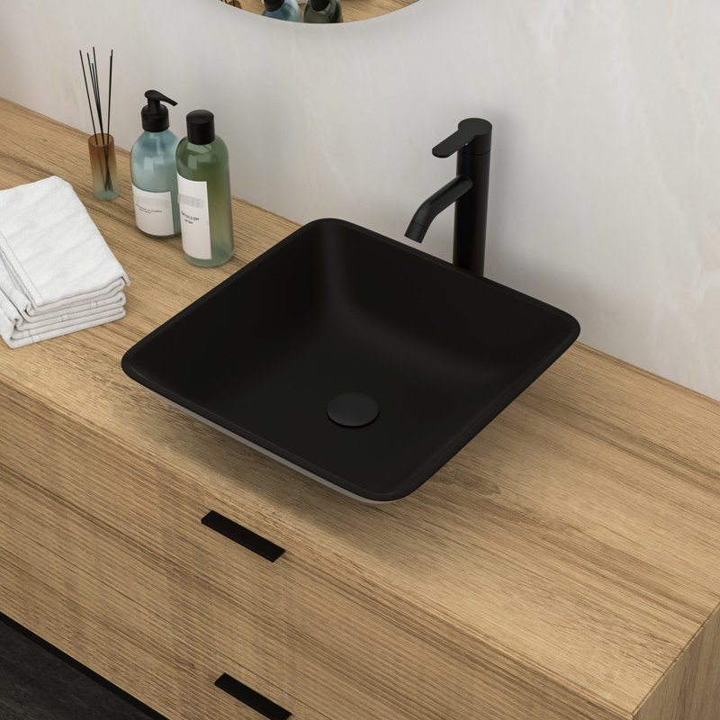 Lavabo vasque de salle de bain en verre trempé - robinet noir mat et drain escamotable contemporain