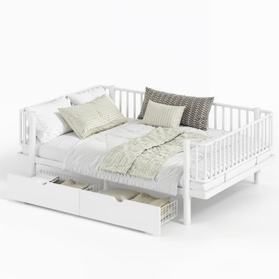 Full Size Platform Bed with Storage Drawers, Metal Daybed Frame with Upgraded Safety Round-Pipe Design, Low Profile Design, White