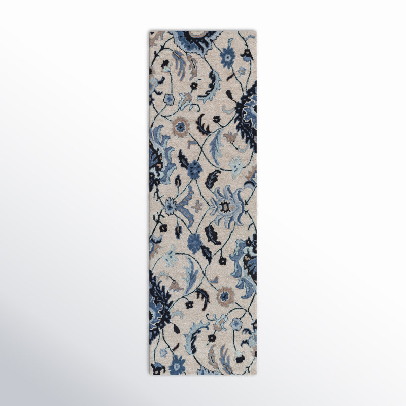 Tapis bleu / ivoire / beige en laine touffeté à la main Alexander, Tapis de couloir 2 pi 6 po x 8 pi