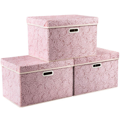 Larger Collapsible Storage Boxes With Lids Fabric Decorative Bins Cubes Organizer Containers Baskets Handles Divider For Bedroom Closet Living Room Pink 17.7X11.8X11.8 Inch 3 Pack
