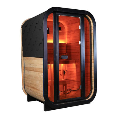 Outdoor Traditional Steam Sauna, Carbonized Spruce Wood With Tinted Glass, 1-2 Person Capacity For Backyard Patio
