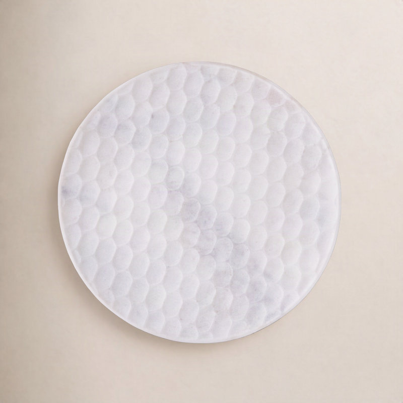 Plat rond en marbre blanc moyen, H 1 po x l 8 po x P 8 po