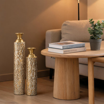 Ensemble de 3 vases et bocaux en métal doré antique avec cadre en métal et vase de plancher en métal vieilli, 34 po
