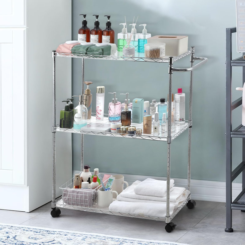3-Tier Adjustable Kitchen Rolling Carts On Wheel, Commercial Grade Metal Service Cart, Steel Heavy Duty Utility Cart