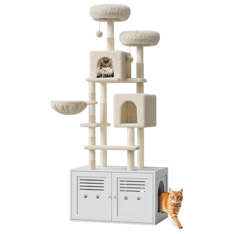 Arbre à chat de 75,6 pouces de haut avec enclos à litière, grand arbre à chat moderne 2-en-1 avec litière cachée, tour de chats d'intérieur avec condos doubles / poteaux à griffer / hamac / perchoirs moelleux