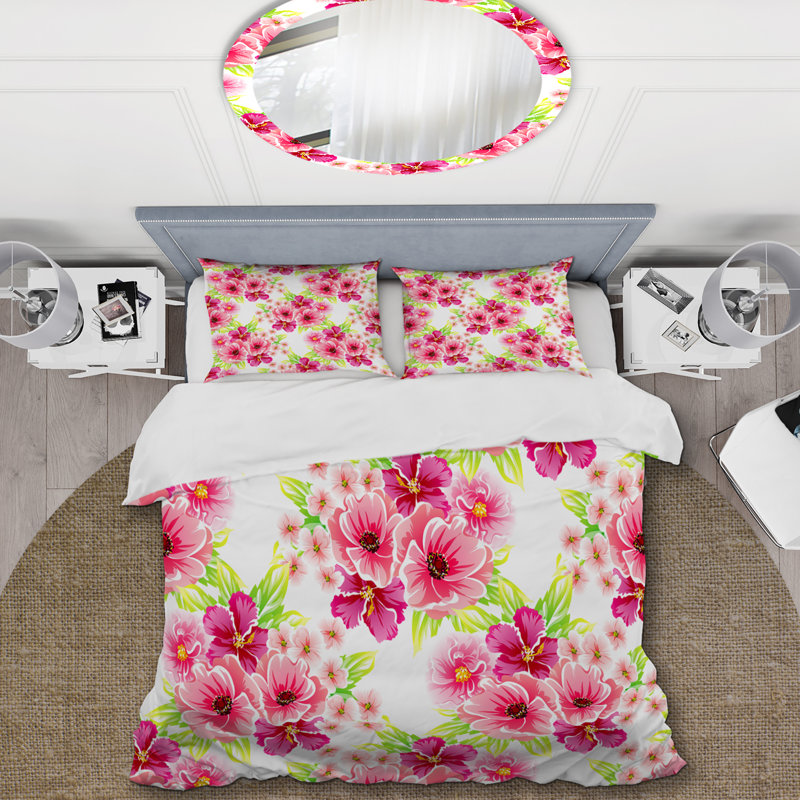 Fleurs roses et feuille verte - ensemble de housse de couette floral - microfibre de polyester