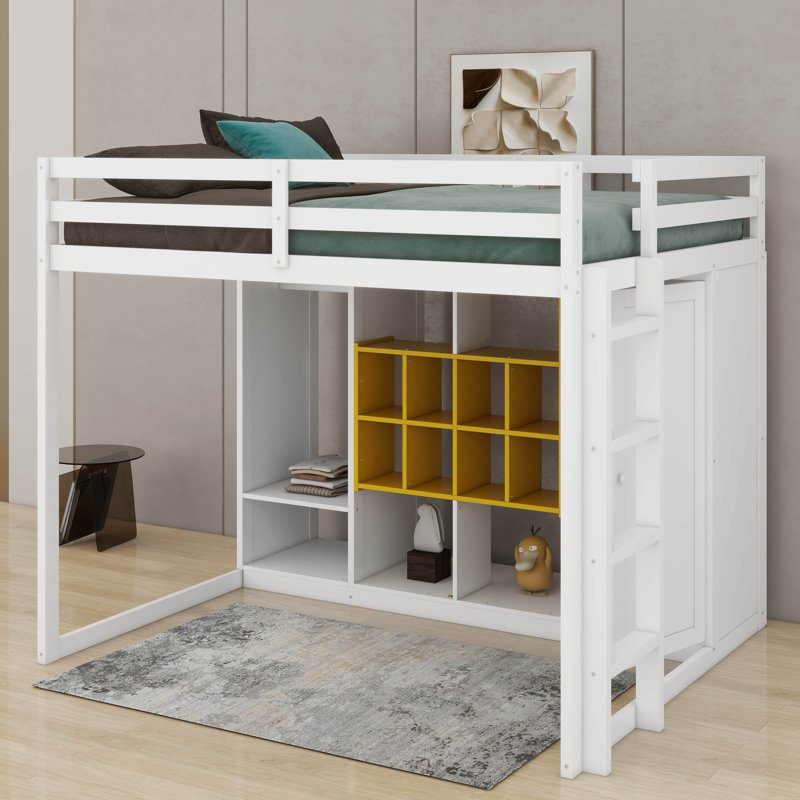 Full Size Wood Loft Bed With Wardrobe, Shelves And Cabinet, White/Yellow