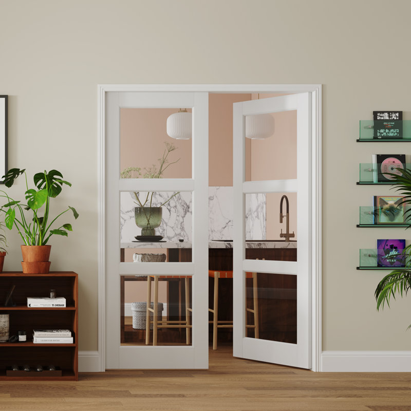 Dalle de porte 3 pièces en verre transparent de fabrication en bois blanc apprêté avec dalle de porte intérieure (sans charnière et quincaillerie d'installation / poignées)