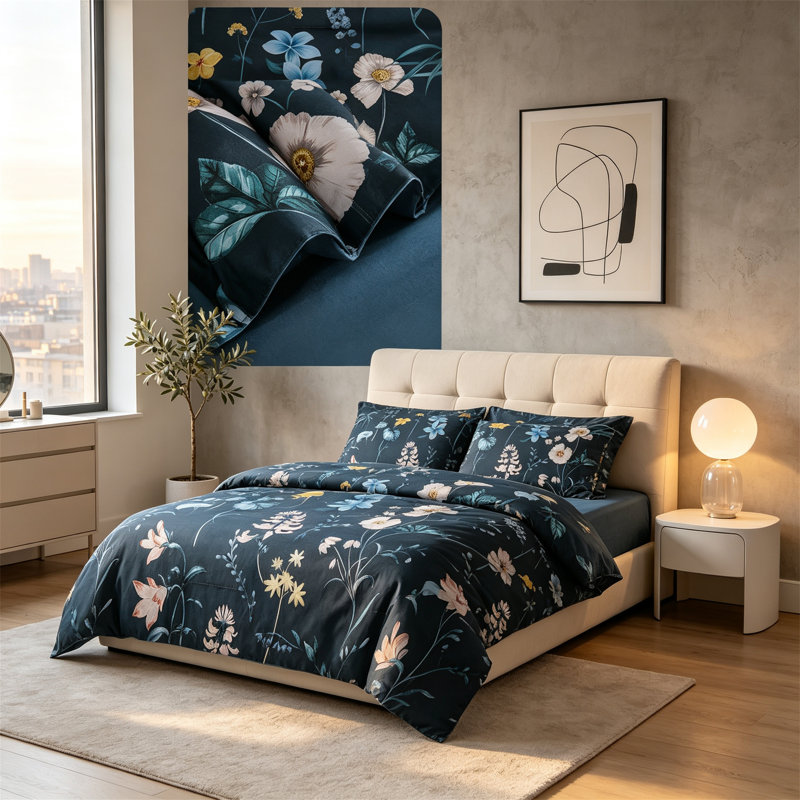 Ensemble d'édredon botanique bleu sarcelle 7 pièces dans un sac avec draps et taies décoratives