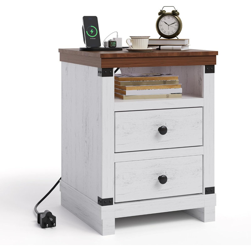 Nightstand with Charging Station & Storage, Modern Rustic Bedside Tables with 2 Drawers & Open Shelf, USB & AC Outlets, White