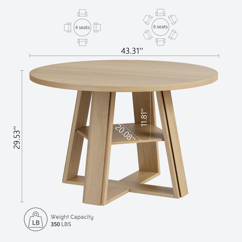 Table de salle à manger ronde 43,3 po pour 4 à 6 personnes - Table de cuisine circulaire compacte avec piédestal en bois et tablette de rangement - pour la cuisine, le salon, l’appartement