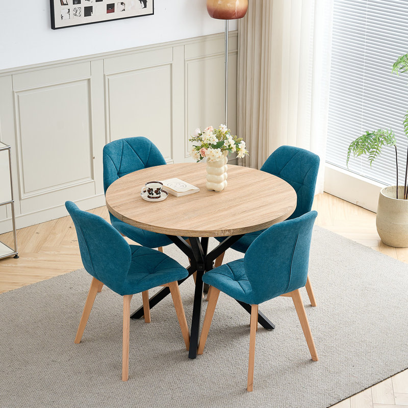 Modern Fabric Dining Chairs with Wooden Legs, Diamond Quilted Padded Side Chairs, Dark blue, 2, Dark blue