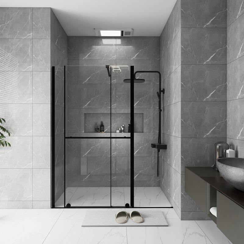 30 - 60 In.W X 72 In.H Glass Shower Door | Shower Sliding Door | Walk-In Shower Screen | Dual-Purpose | Reversible Installation | 1/4 Inch Thick Glass Panel | Equipped With Stainless Steel Handle And Supporting Bar | Black