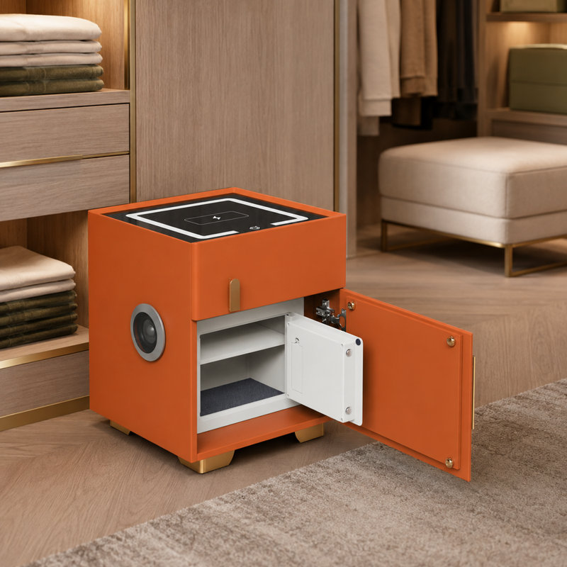 Table de chevet moderne et élégante de 53 cm de haut en pin massif, revêtue de cuir microfibre, disponible en 7 couleurs, avec serrure à code, chargement sans fil, port USB, éclairage tricolore et haut-parleur Bluetooth.