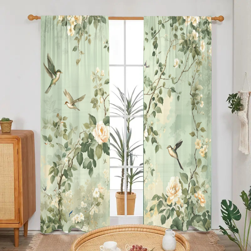 2Pcs Elegant Floral Bird Print Curtains Green Leaf White Flowers Pattern Rod Pocket Curtain Panels Light Filtering Drapes for Living Room Bedroom Kitchen Window Treatment Home Decor