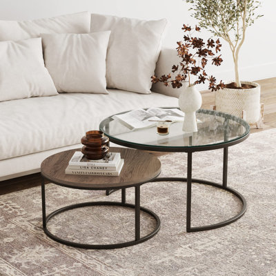 Stella Round Coffee Table Set, Rustic Oak/Gunmetal/Clear Glass, Modern Nesting Design -  17 Stories, D80D1482D1624D828A145CD1A642F3E6