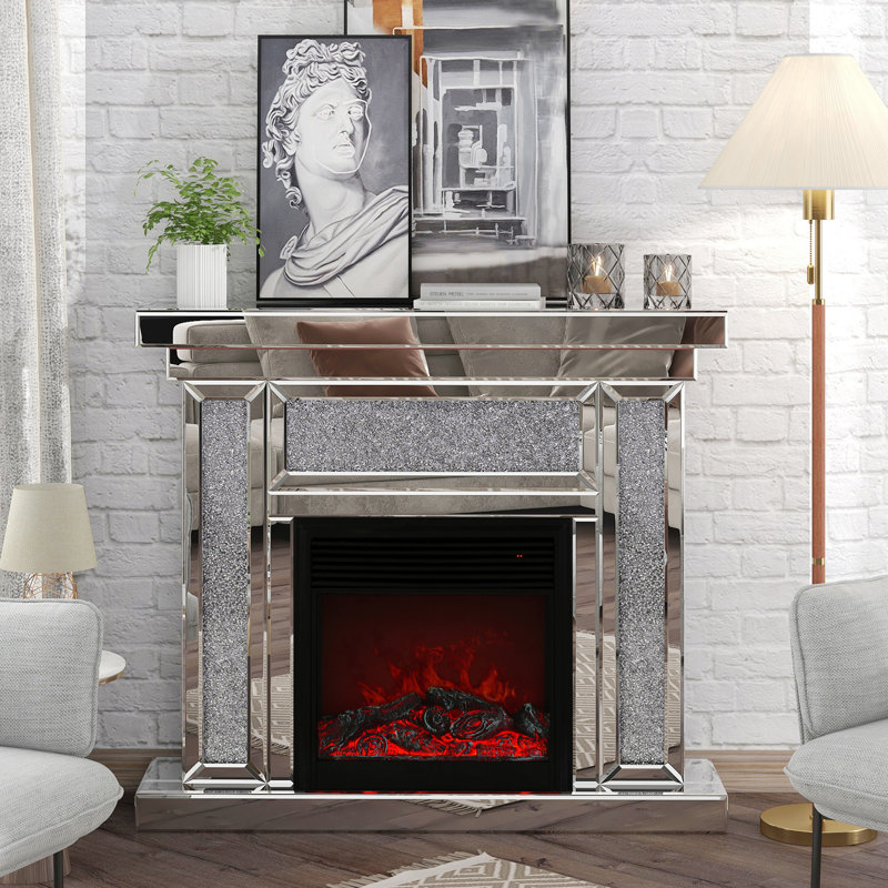 Silver Acrylic Diamond Mirror Electric Fireplace with Mantel