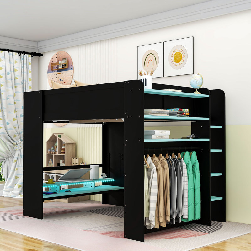 Full Loft Bed With Desk, RGB Light, Storage Shelves And Charging Station, Blue