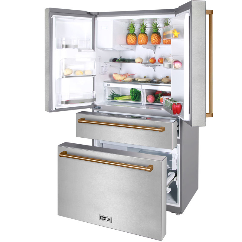 KOSTCH 21.6 Cu.Ft French Door Refrigerator with Ice/Water Dispenser, Stainless Steel with Bronze Handles, Energy Star Certified