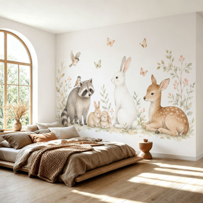 Wall Mural Peel and Stick Wallpaper Watercolor forest baby animals Raccoon deer hare squirrel flowers Self-Adhesive Removable Contact Paper Wall Decor for Living Room Bedroom 69"H x 96"W